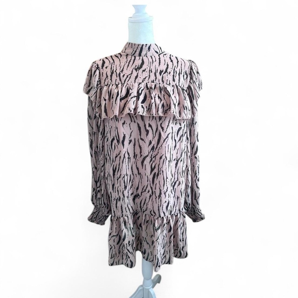 Missguided Pink Zebra Print High Neck Frill Smock Mini Dress Ruffle US 4‎ NWT